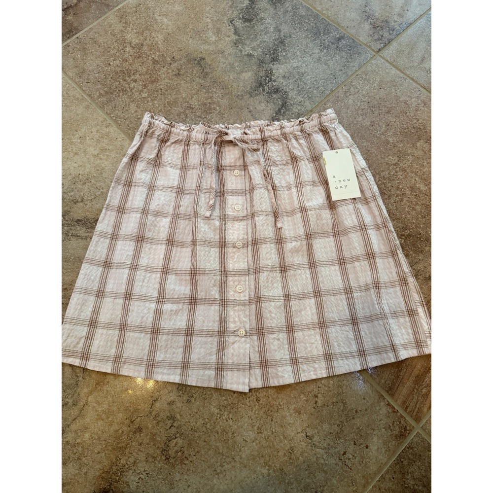 Women's A New Day Mini A-Line Pink & Brown Plaid Skirt Size XS NWT Cotton